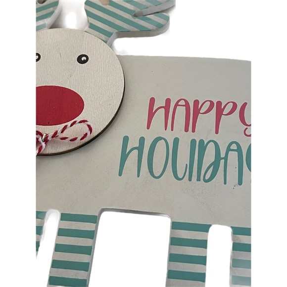 Holiday Wood Reindeer W/Stripe Antlers Bead Necklace Merry Christmas Decor READ - Picture 2 of 2